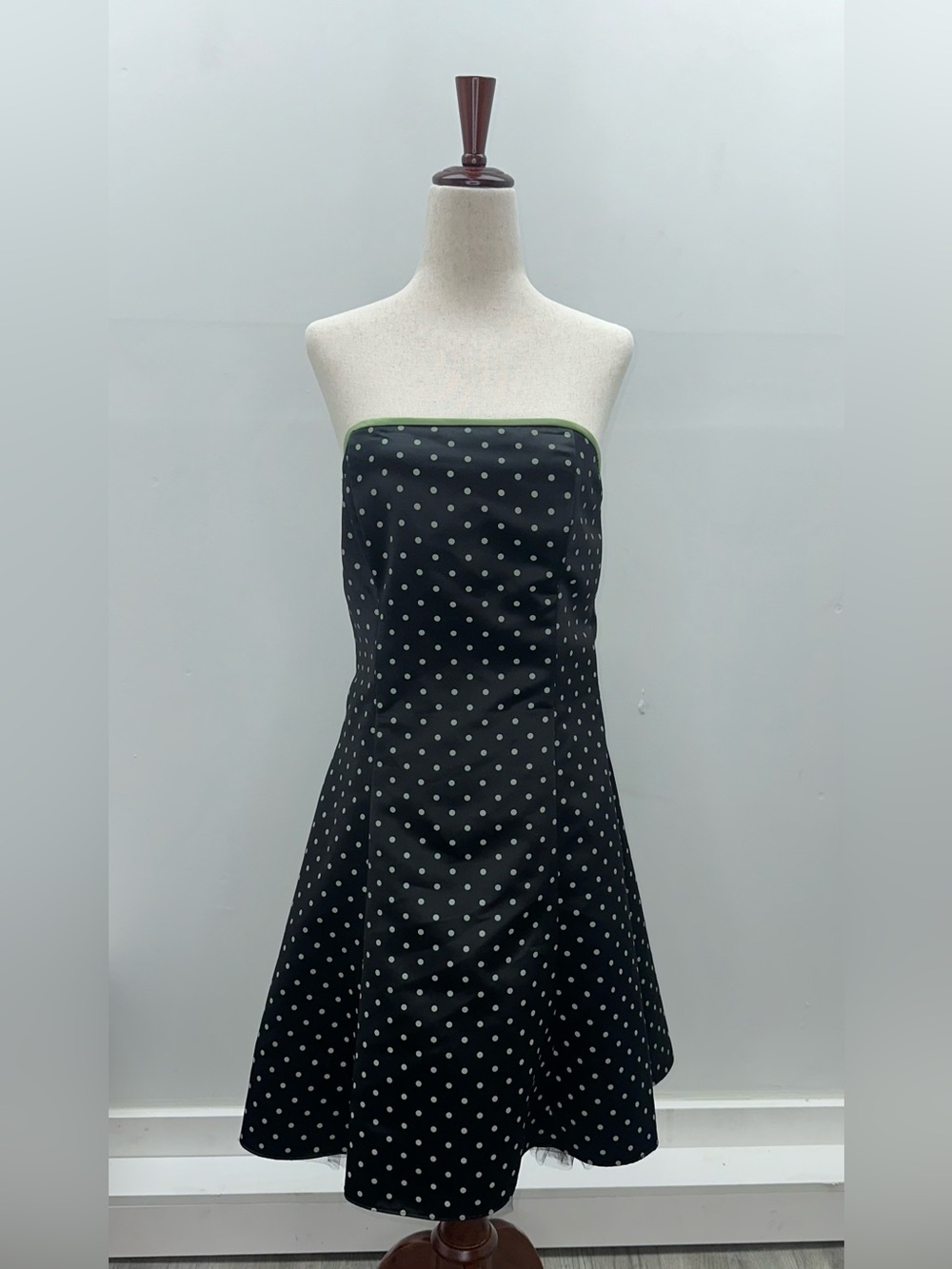 Jessica McClintock Gunne Sax Black Green Polka Dot Dress Sz 9/10 Fit & Flare